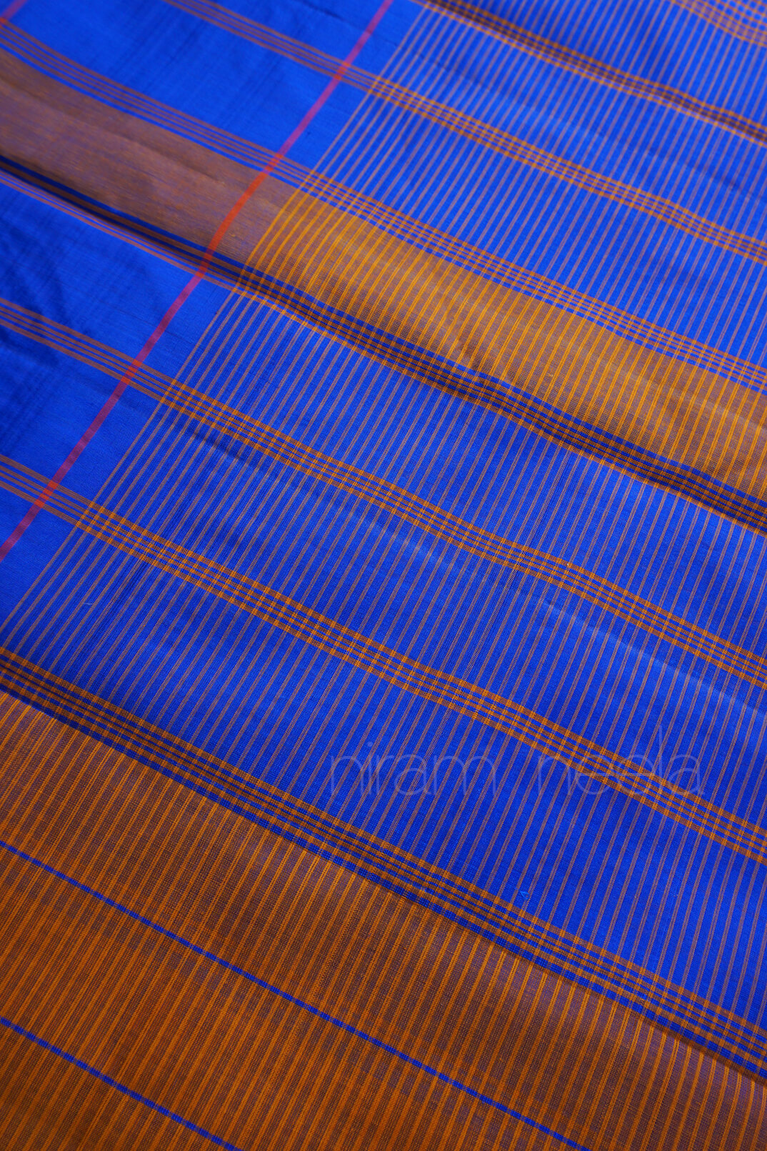 Blue and orange Koorainadu handloom silk cotton check saree | Niram Neela