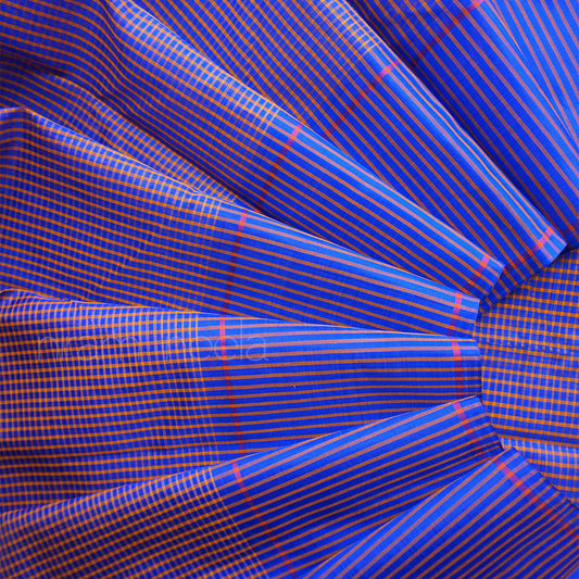 Blue and orange Koorainadu handloom silk cotton check saree | Niram Neela
