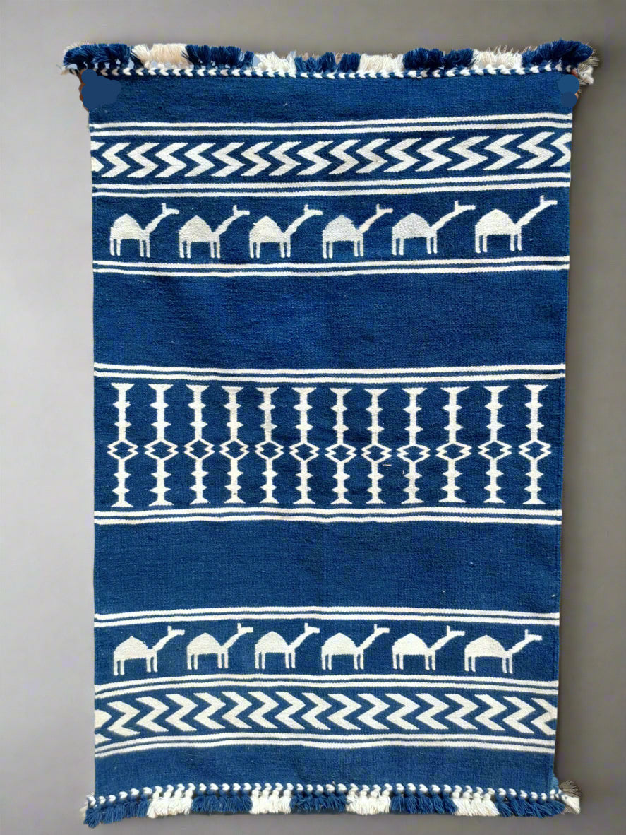 Indigo blue and white ethnic Handmade woollen Dhurrie carpet | Home linen by Niram Neela
