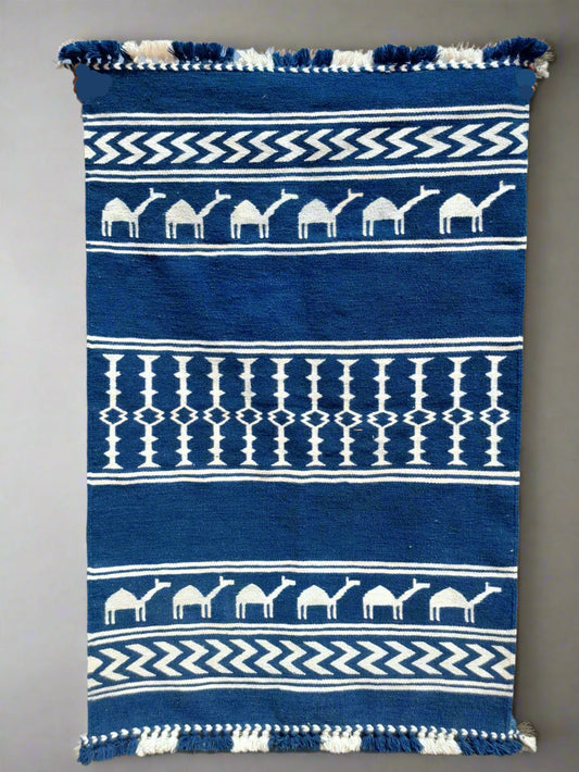Indigo blue and white ethnic Handmade woollen Dhurrie carpet | Home linen by Niram Neela