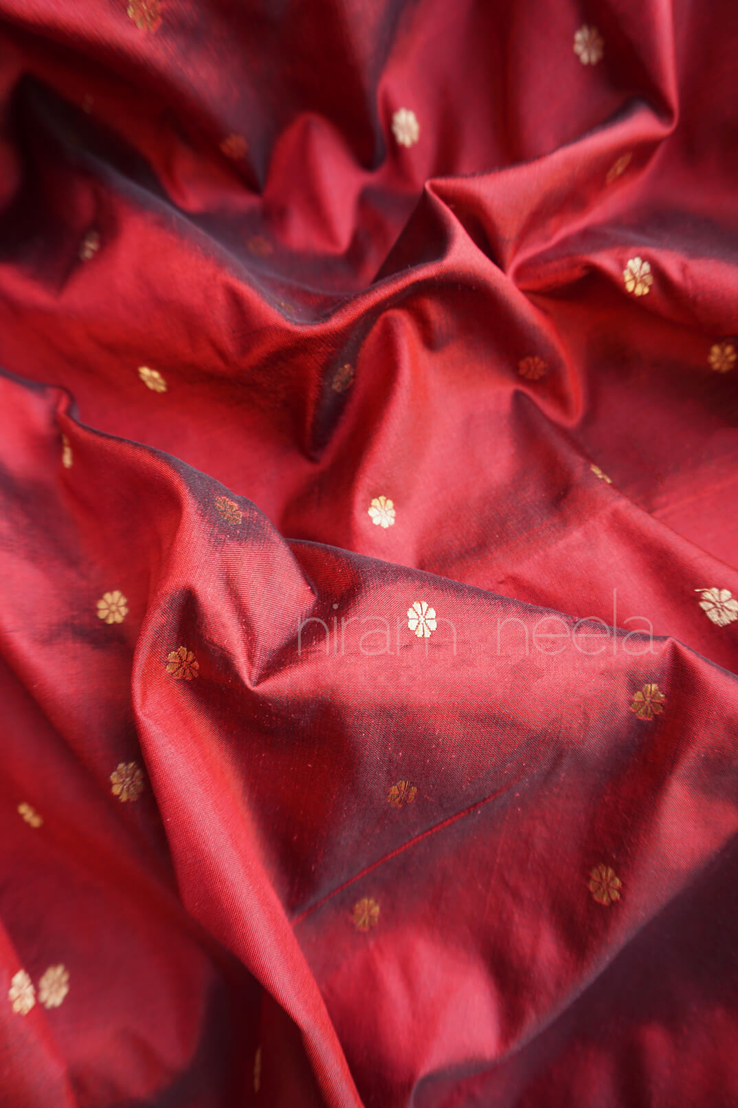 Wine red and gold Banaras Kadhua indian bridal red silk saree | Niram Neela