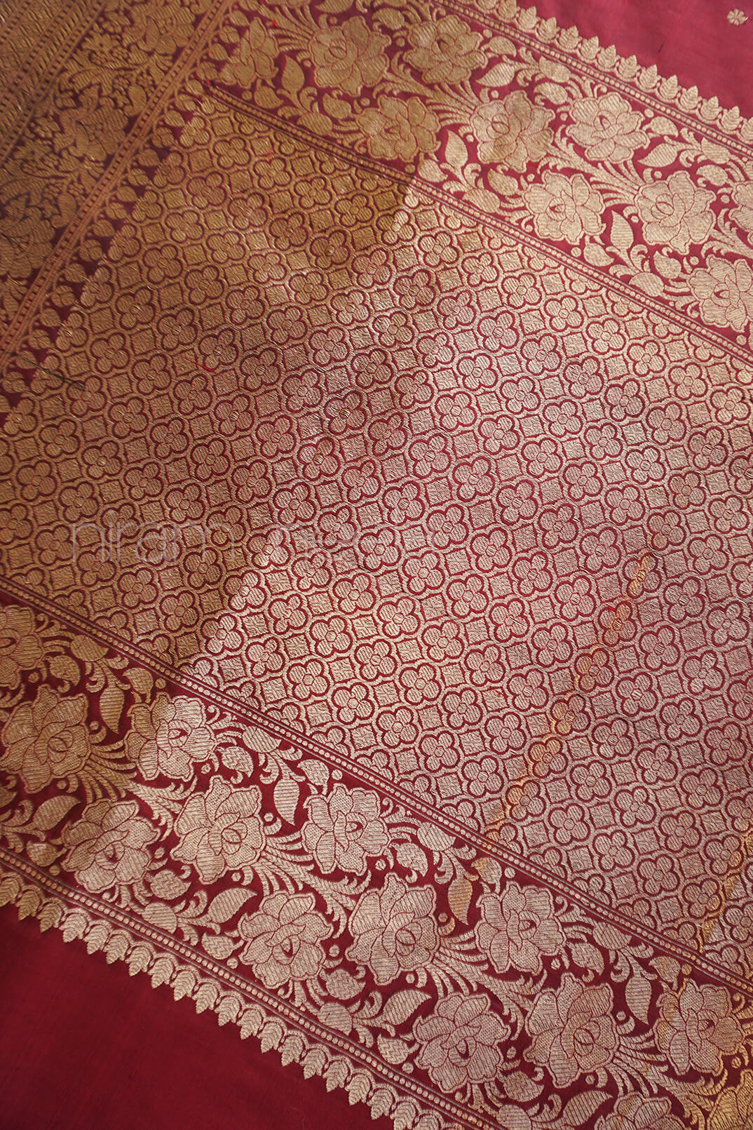 Wine red and gold Banaras Kadhua bridal red silk saree | Niram Neela