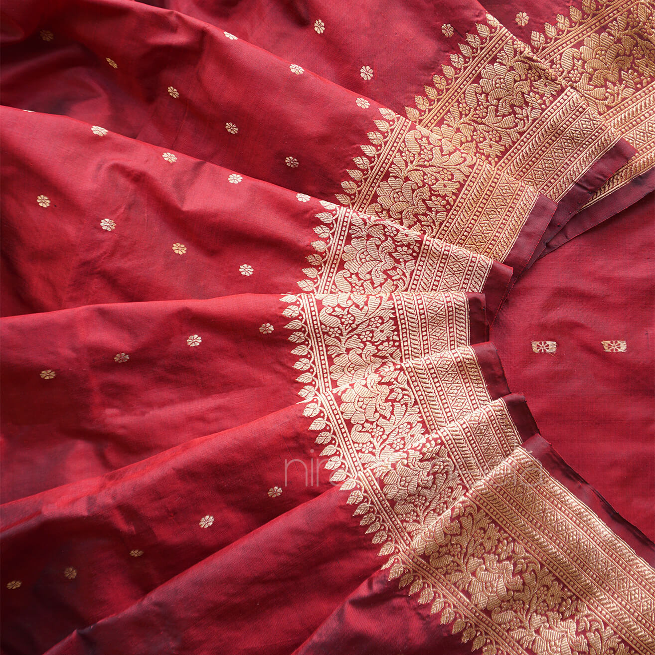 Wine red and gold Banaras Kadhua bridal red silk saree | Niram Neela