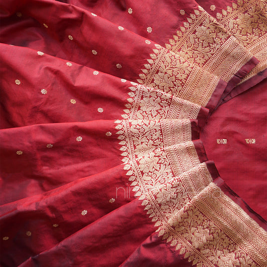 Wine red and gold Banaras Kadhua bridal red silk saree | Niram Neela