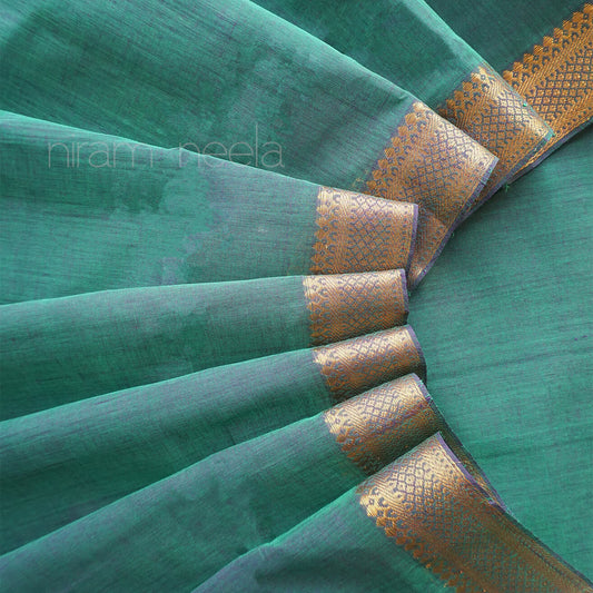 Green and gold Mangalagiri cotton saree with Nizam border | Niram Neela