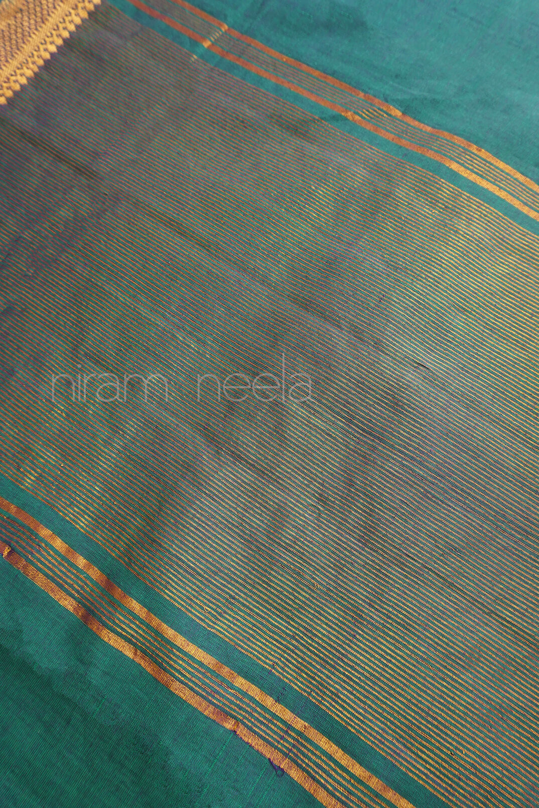 Green and gold Mangalagiri cotton saree with Nizam border | Niram Neela