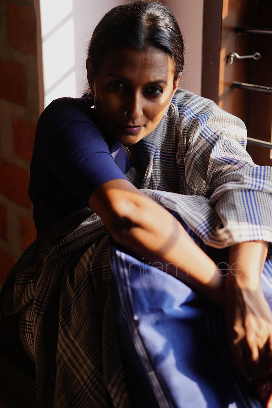 Grey and blue check Mangalagiri cotton saree | Niram Neela