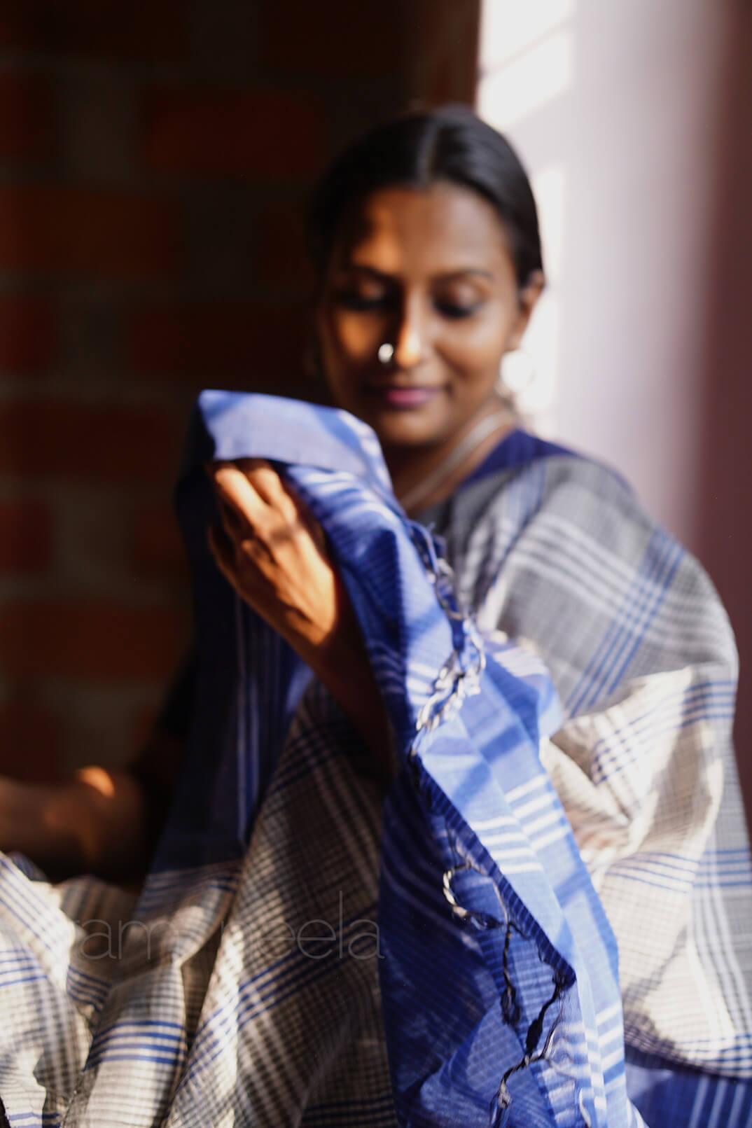 Grey and blue check Mangalagiri cotton saree | Niram Neela