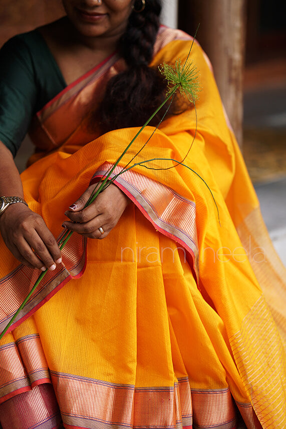 Yellow and pink Maheshwari silk cotton saree - Niram Neela