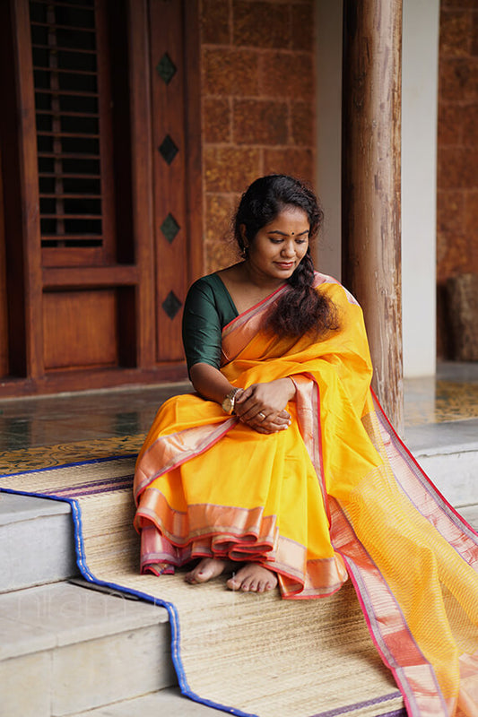 Yellow and pink Maheshwari silk cotton saree - Niram Neela