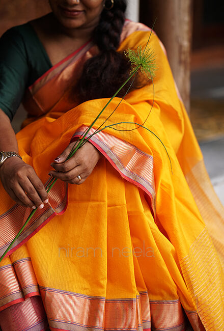 Yellow and pink Maheshwari silk cotton saree - Niram Neela