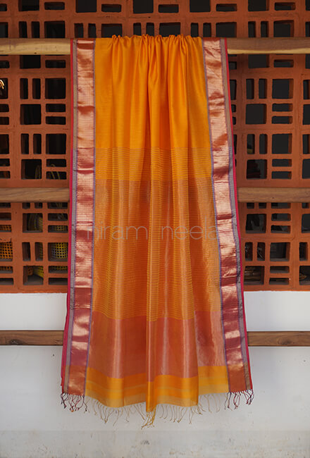 Yellow and pink Maheshwari silk cotton saree - Niram Neela