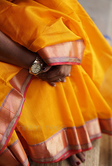 Yellow and pink Maheshwari silk cotton saree - Niram Neela
