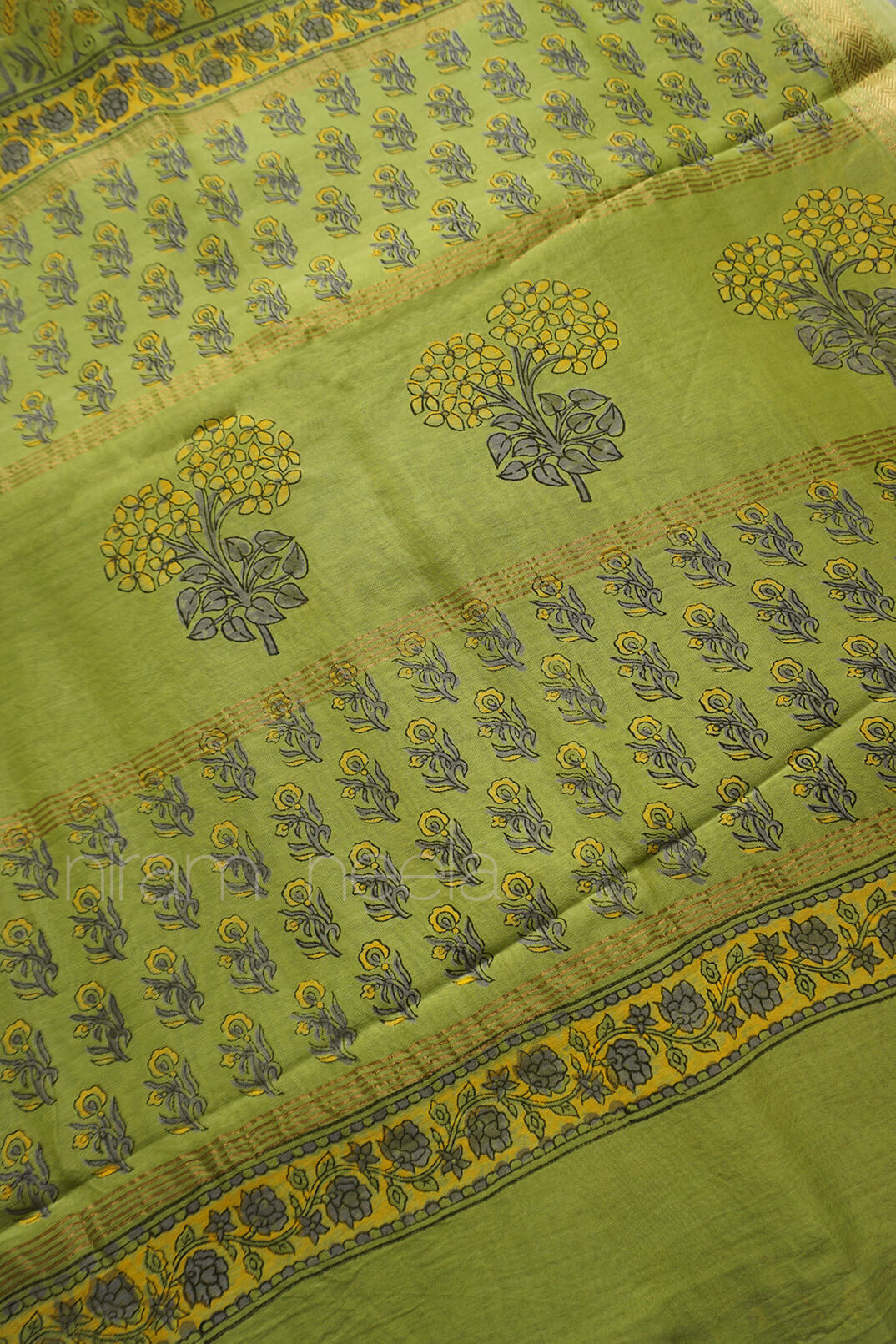 Lime green and yellow block printed Maheshwari silk cotton saree | Niram Neela