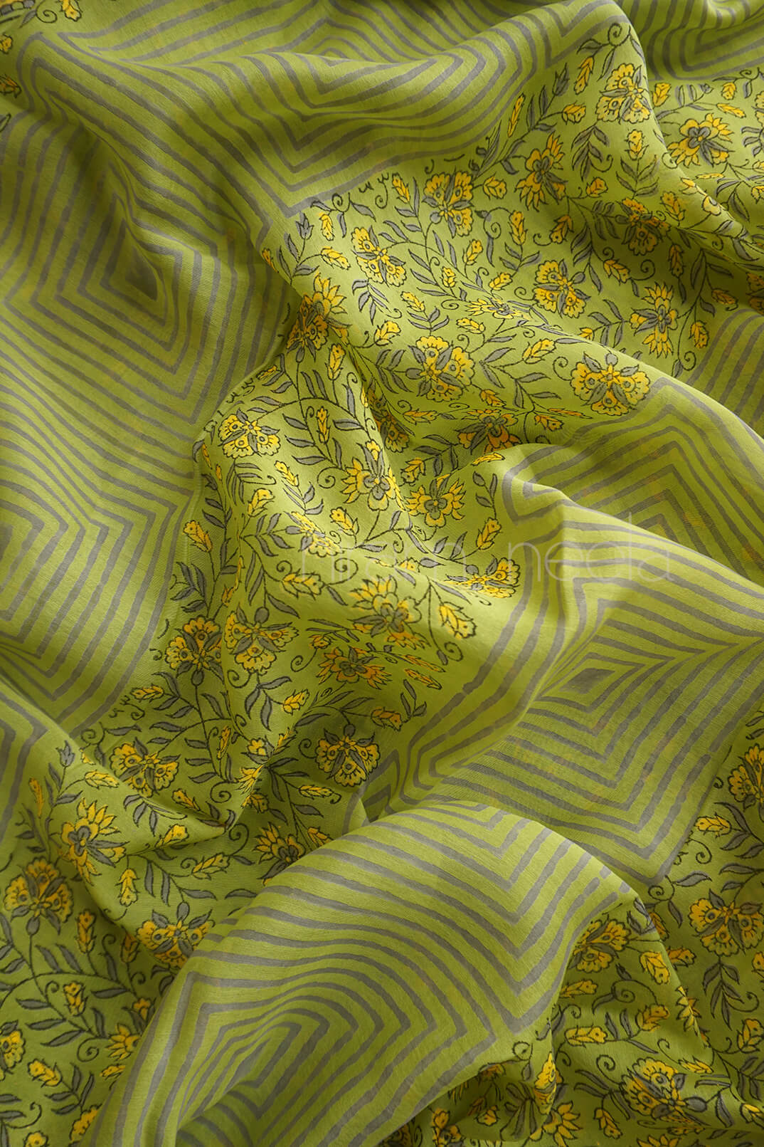 Lime green and yellow block printed Maheshwari silk cotton saree | Niram Neela