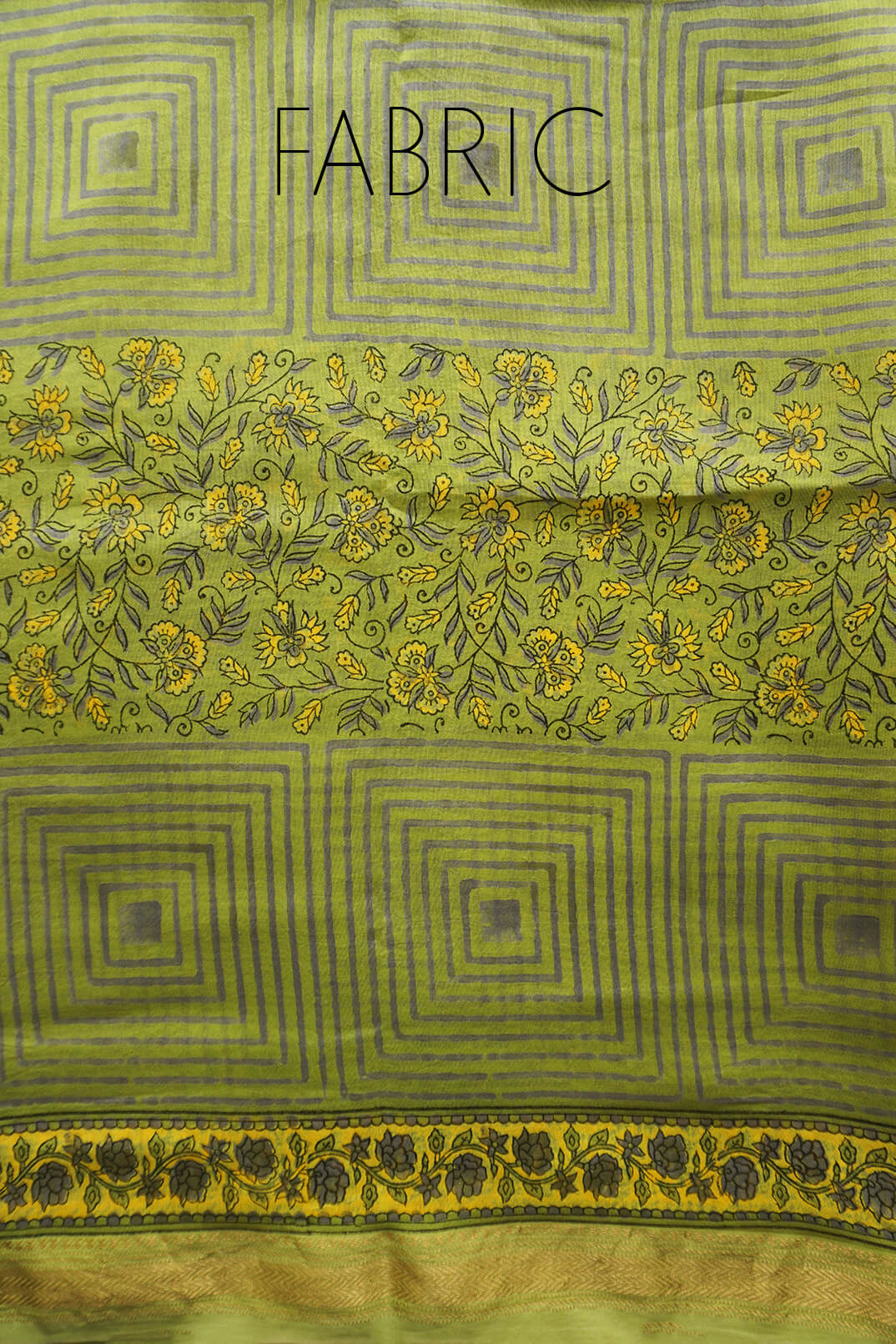 Lime green and yellow block printed Maheshwari silk cotton saree | Niram Neela