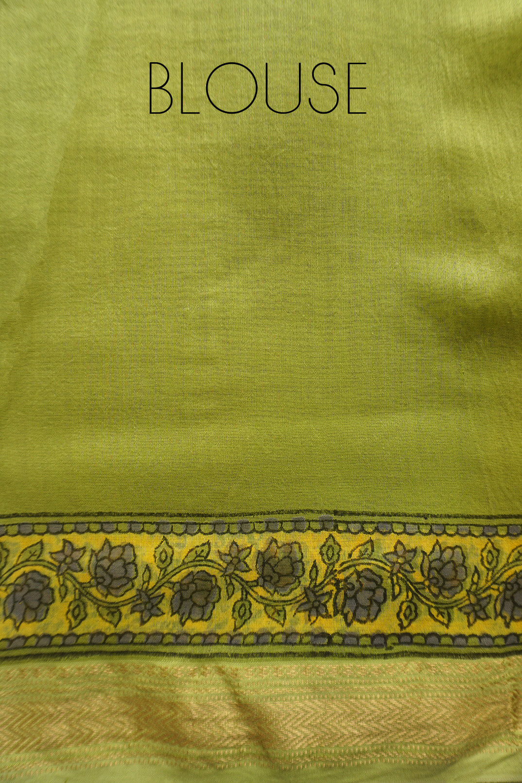 Lime green and yellow block printed Maheshwari silk cotton saree | Niram Neela