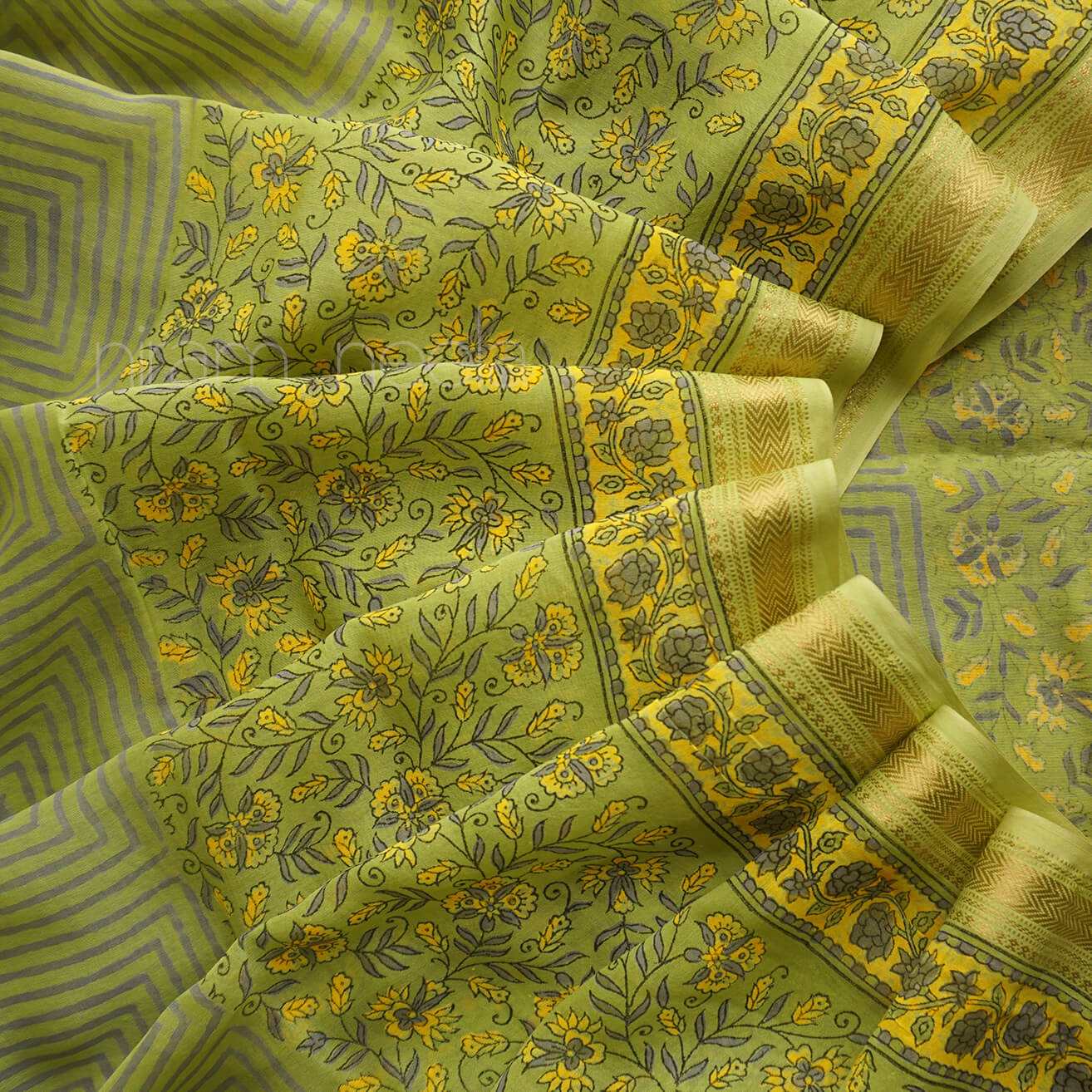 Lime green and yellow block printed Maheshwari silk cotton saree | Niram Neela