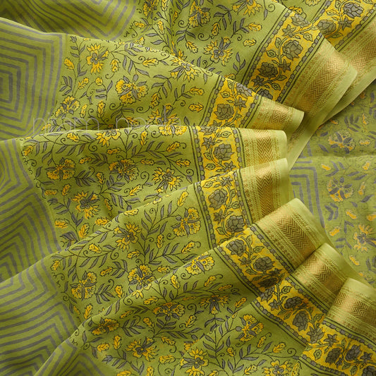 Lime green and yellow block printed Maheshwari silk cotton saree | Niram Neela