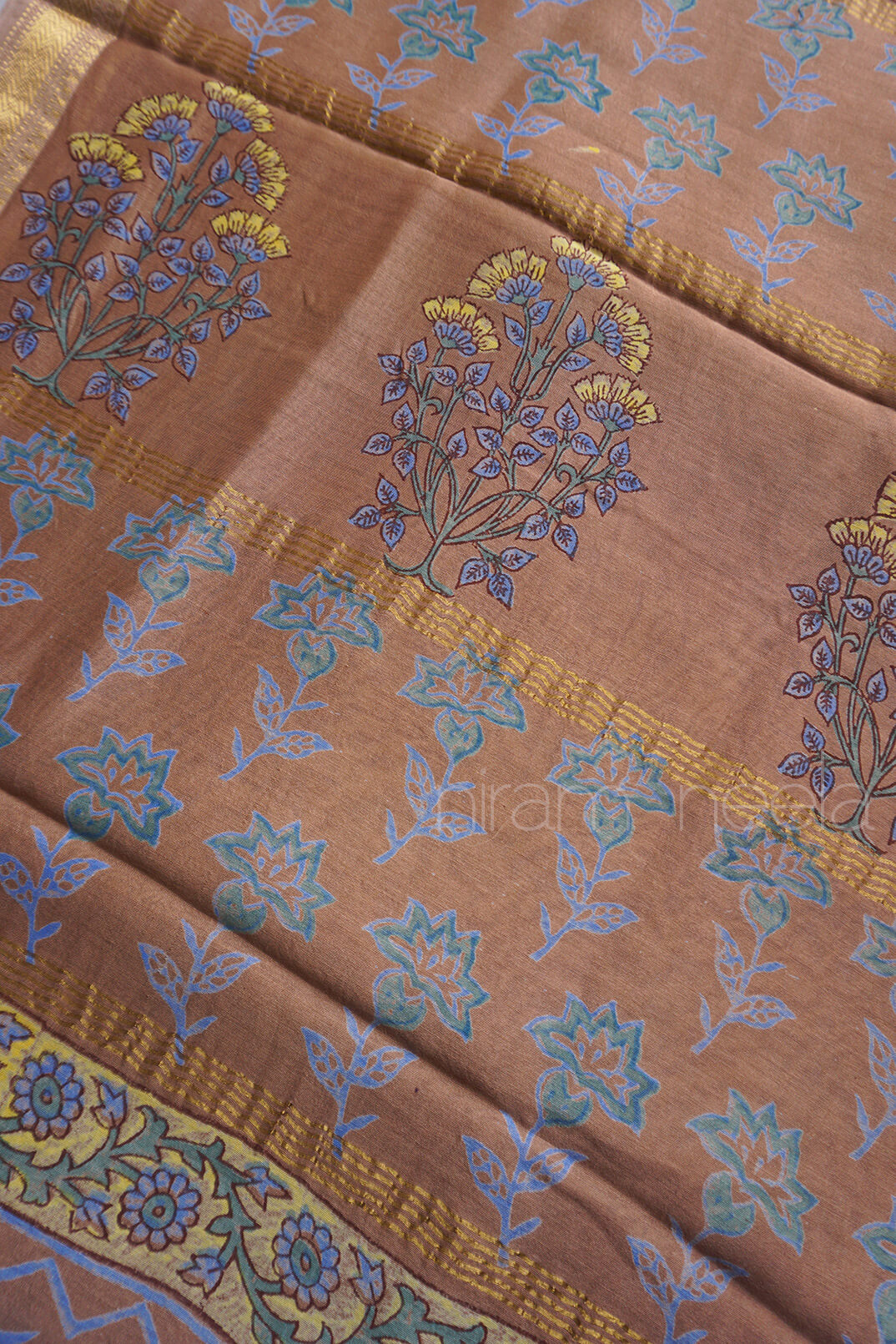 Brown and yellow block printed Maheshwari silk cotton saree | Niram Neela