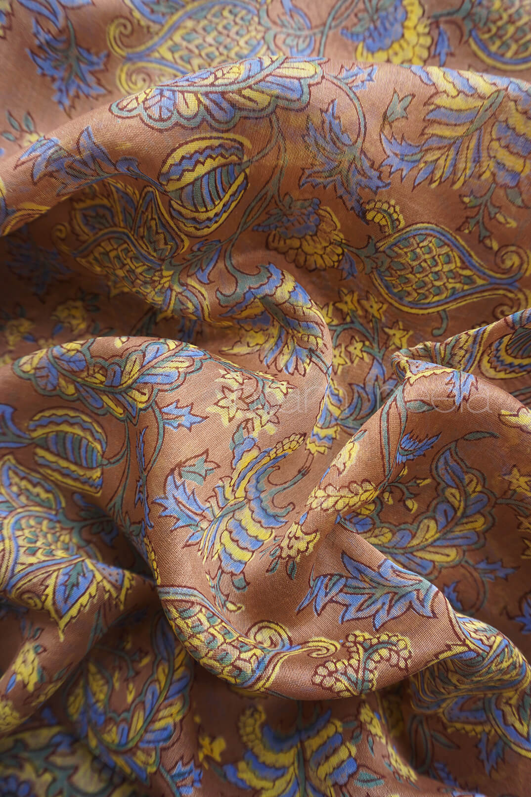 Brown and yellow block printed Maheshwari silk cotton saree | Niram Neela