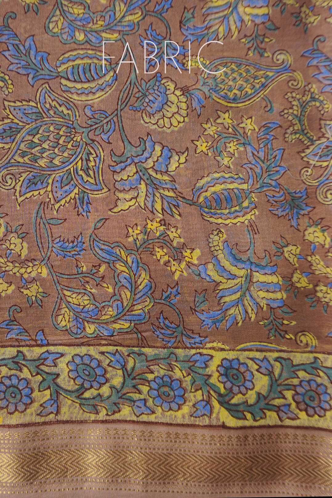 Brown and yellow block printed Maheshwari silk cotton saree | Niram Neela
