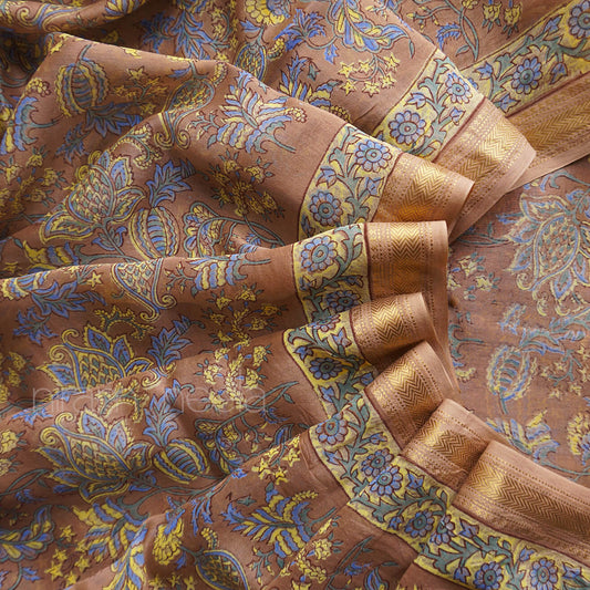 Brown and yellow block printed Maheshwari silk cotton saree | Niram Neela
