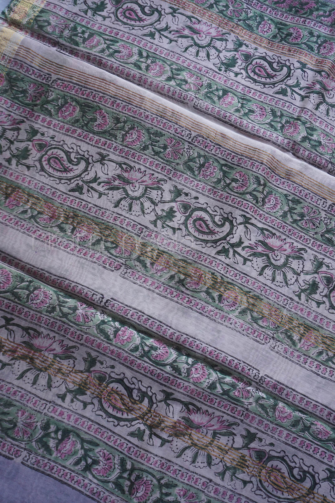 Lilac and pink block printed Maheshwari silk cotton saree | Niram Neela