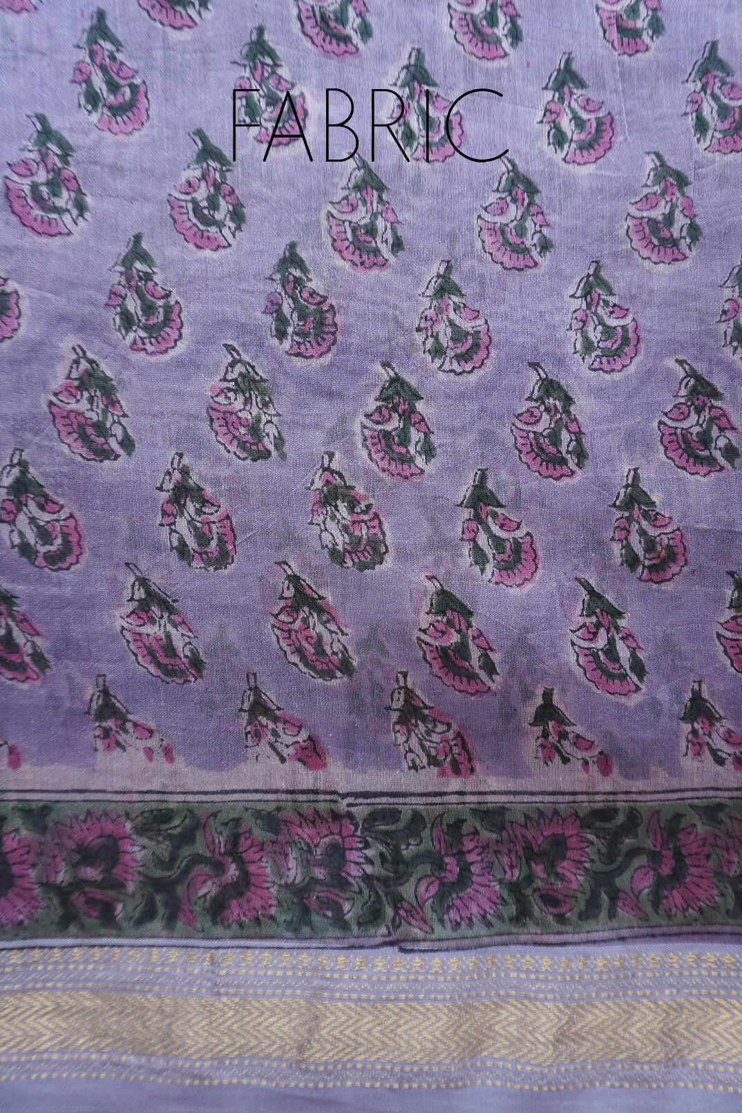 Lilac and pink block printed Maheshwari silk cotton saree | Niram Neela