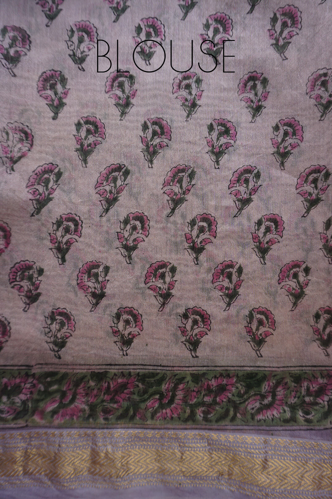 Lilac and pink block printed Maheshwari silk cotton saree | Niram Neela