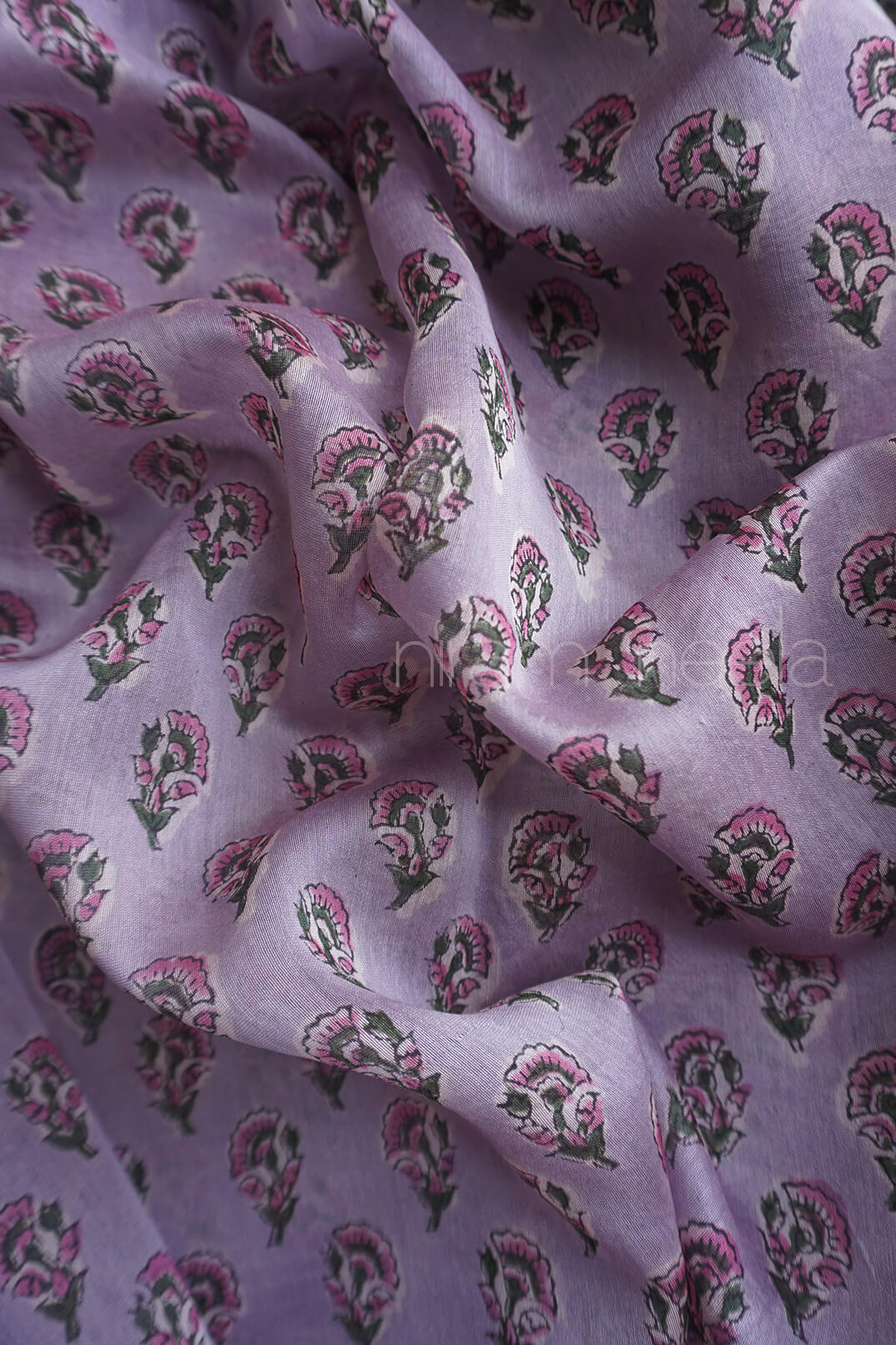 Lilac and pink block printed Maheshwari silk cotton saree | Niram Neela