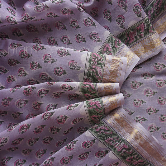 Lilac and pink block printed Maheshwari silk cotton saree | Niram Neela