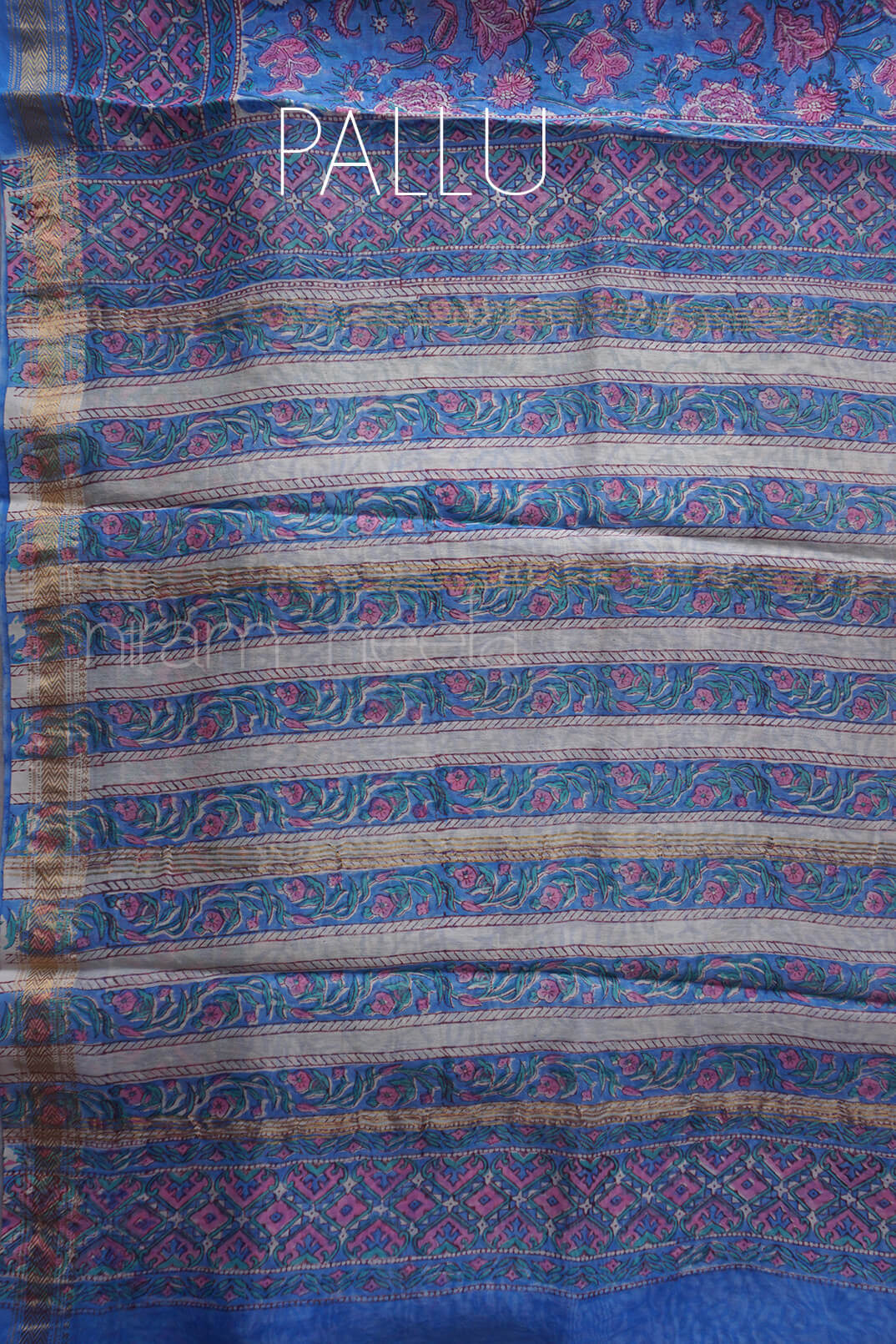 Blue and pink block printed Maheshwari silk cotton saree | Niram Neela