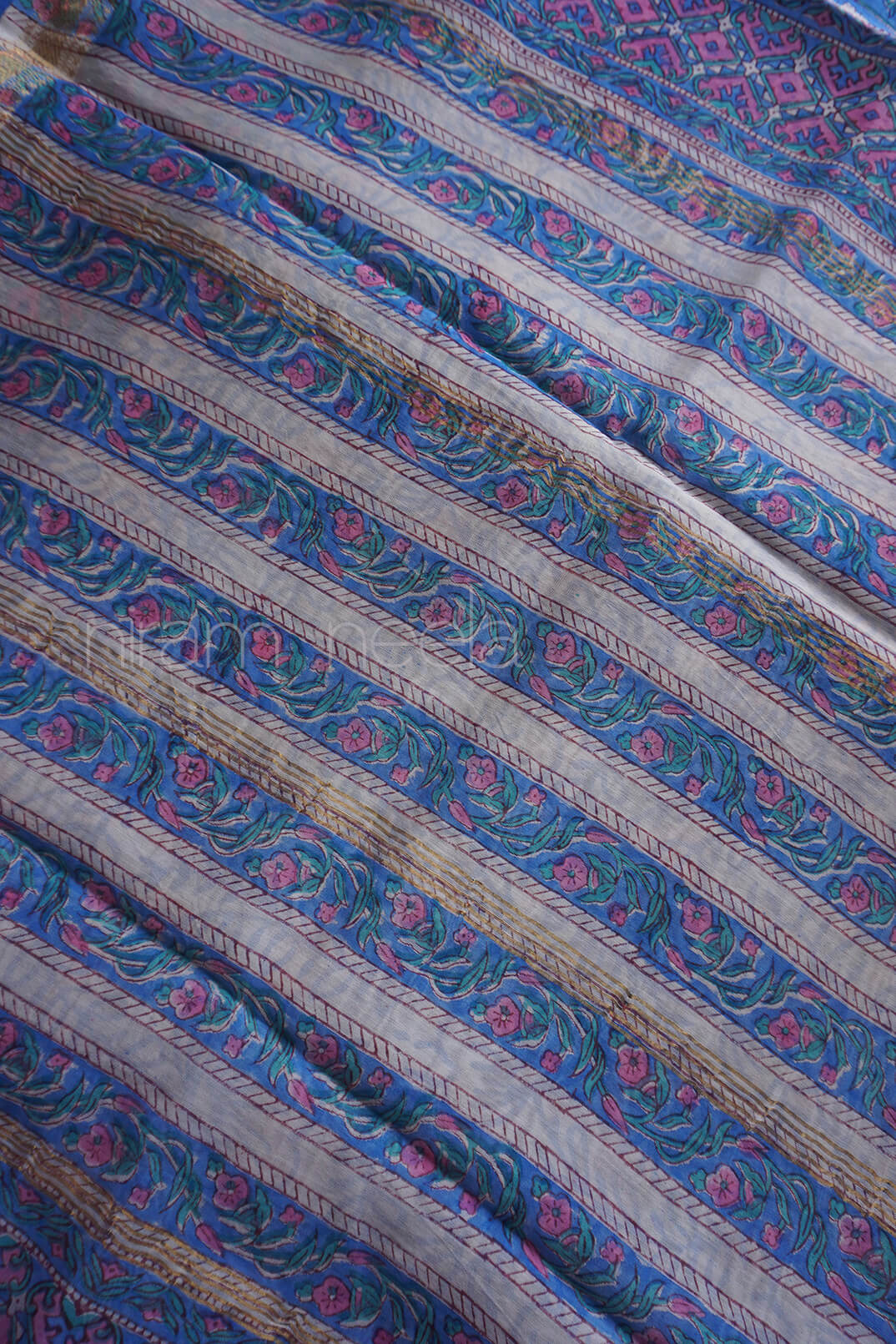 Blue and pink block printed Maheshwari silk cotton saree | Niram Neela