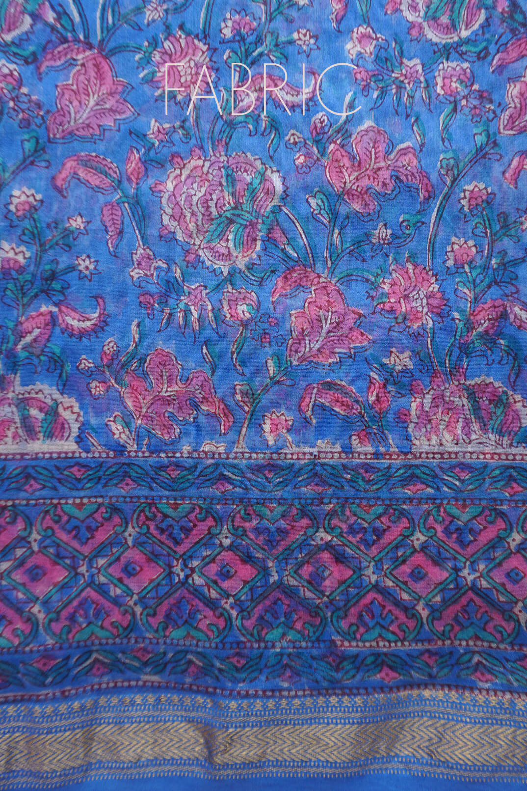 Blue and pink block printed Maheshwari silk cotton saree | Niram Neela