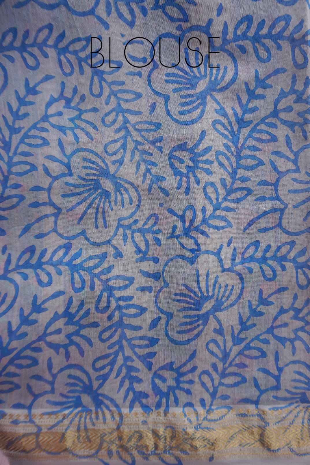 Blue and pink block printed Maheshwari silk cotton saree | Niram Neela