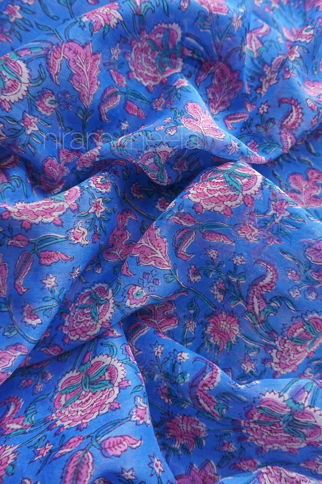 Blue and pink block printed Maheshwari silk cotton saree | Niram Neela