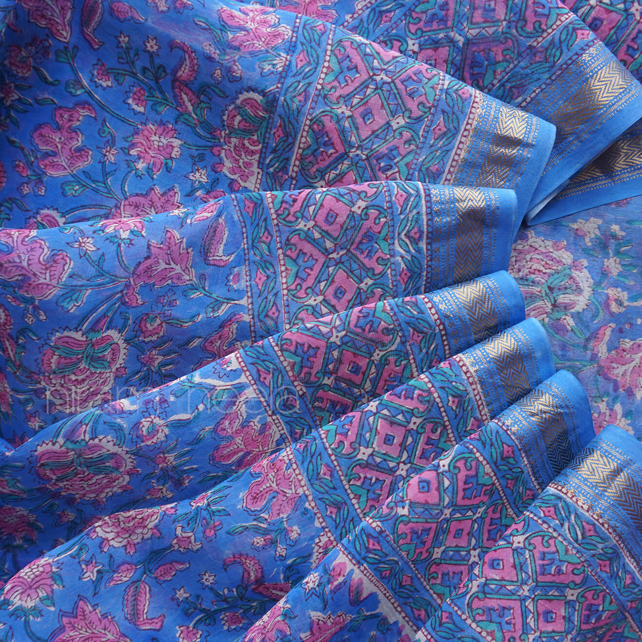 Blue and pink block printed Maheshwari silk cotton saree | Niram Neela