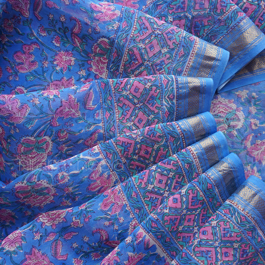 Blue and pink block printed Maheshwari silk cotton saree | Niram Neela