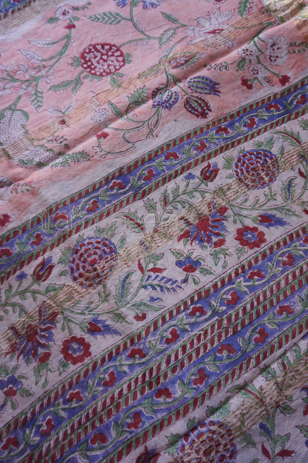 Peach and maroon block printed Maheshwari silk cotton saree | Niram Neela
