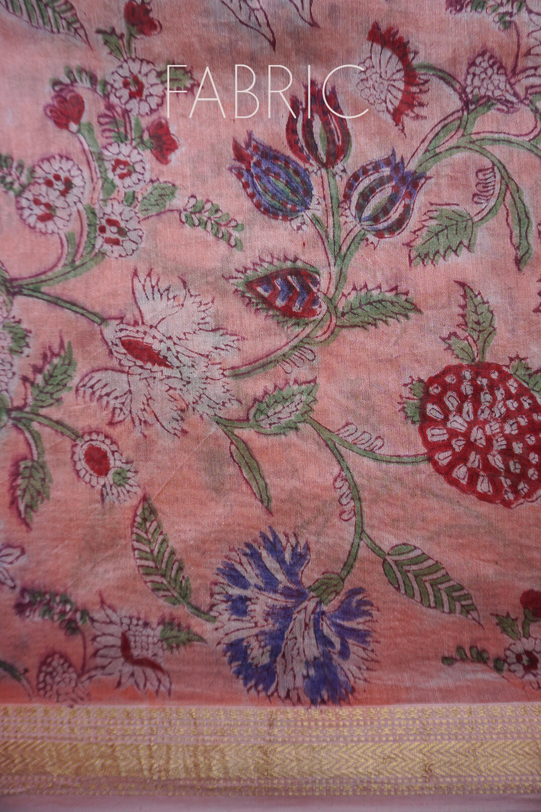 Peach and maroon block printed Maheshwari silk cotton saree | Niram Neela