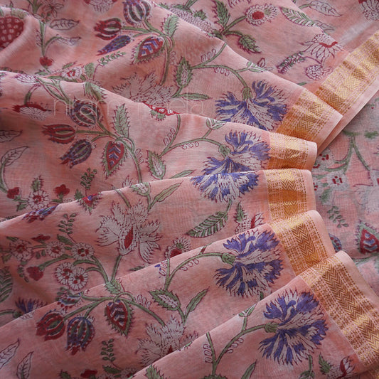 Peach and maroon block printed Maheshwari silk cotton saree | Niram Neela