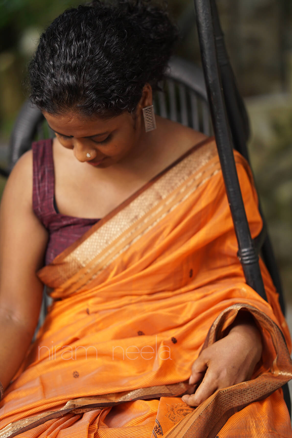 Orange and brown Maheshwari silk cotton saree- - Niram Neela
