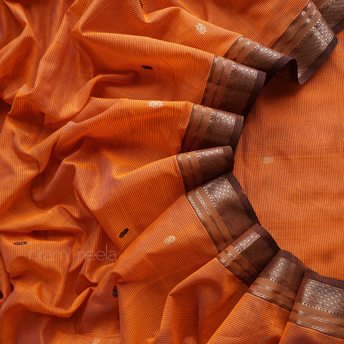 Orange and brown Maheshwari silk cotton saree- - Niram Neela