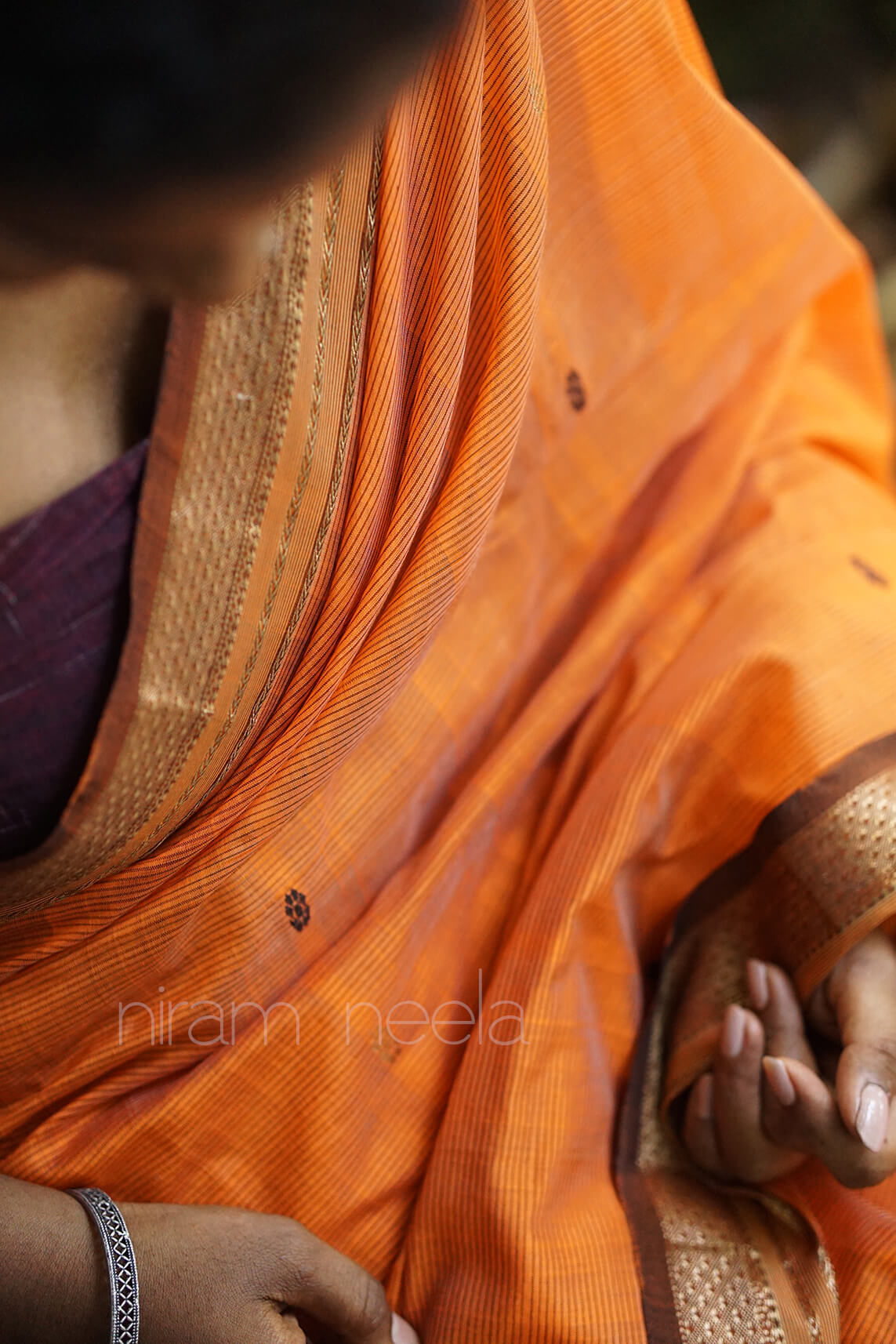 Orange and brown Maheshwari silk cotton saree- - Niram Neela