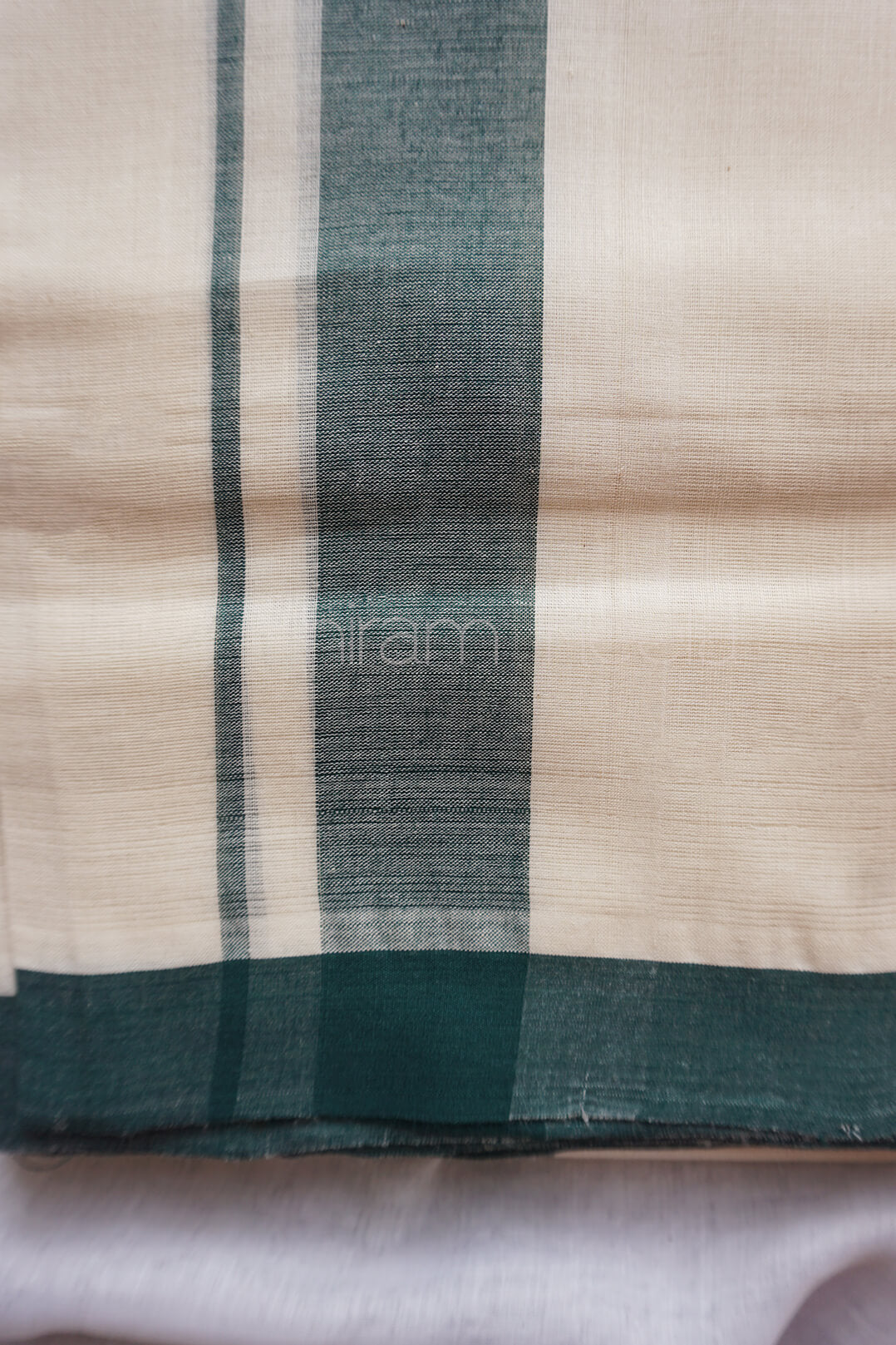 Ivory and dark green double mundu - Niram Neela