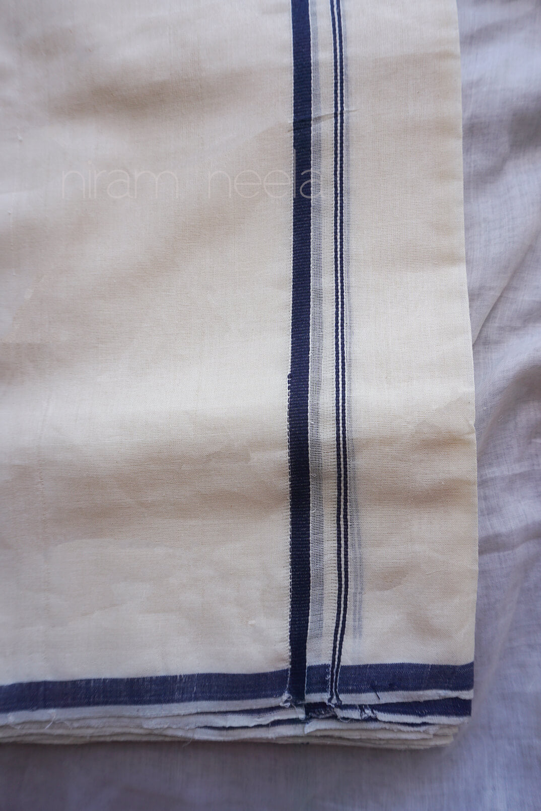 Ivory and blue double mundu | Mundu for men by Niram Neela