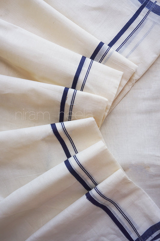 Ivory and blue double mundu | Mundu for men by Niram Neela