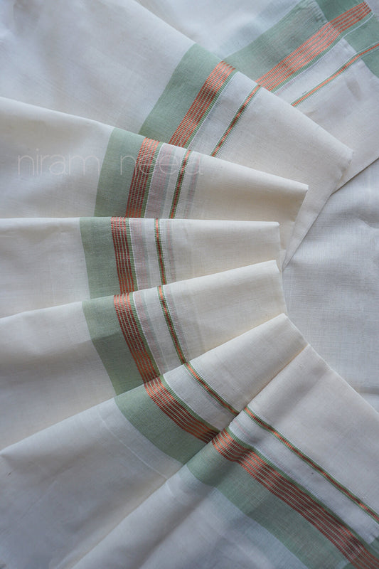 Ivory and sage green double mundu | Mundu for men by Niram Neela