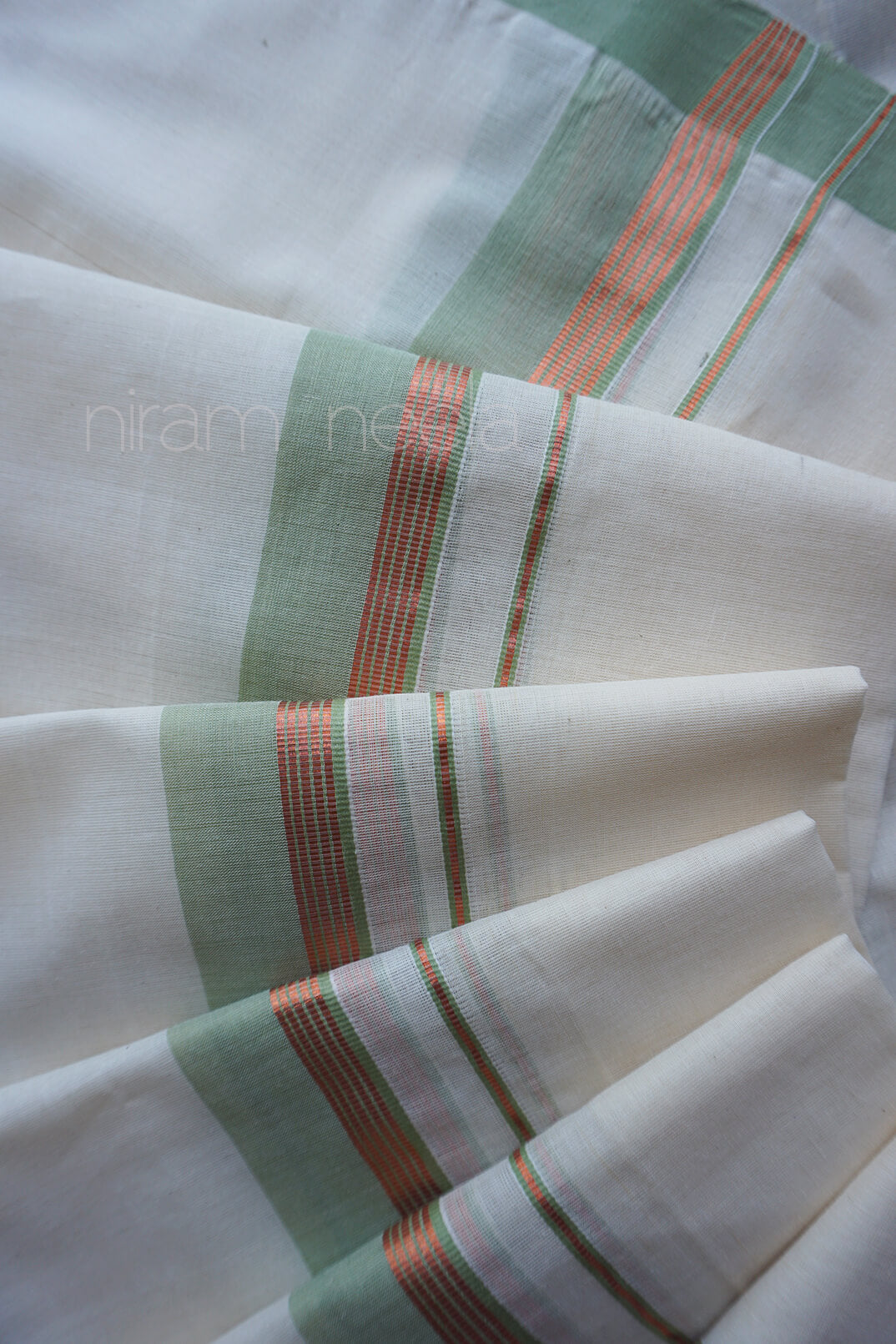 Ivory and sage green double mundu | Mundu for men by Niram Neela